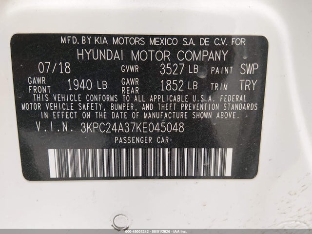45008242 :رقم المزاد ، 3KPC24A37KE045048 vin ، 2019 Hyundai Accent Se مزاد بيع
