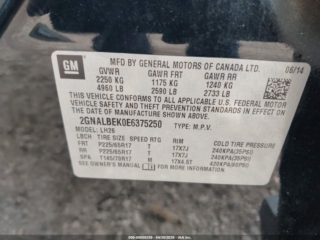 Aukcja sprzedaży 2014 Chevrolet Equinox 1lt, vin: 2GNALBEK0E6375250, numer aukcji: 45008259