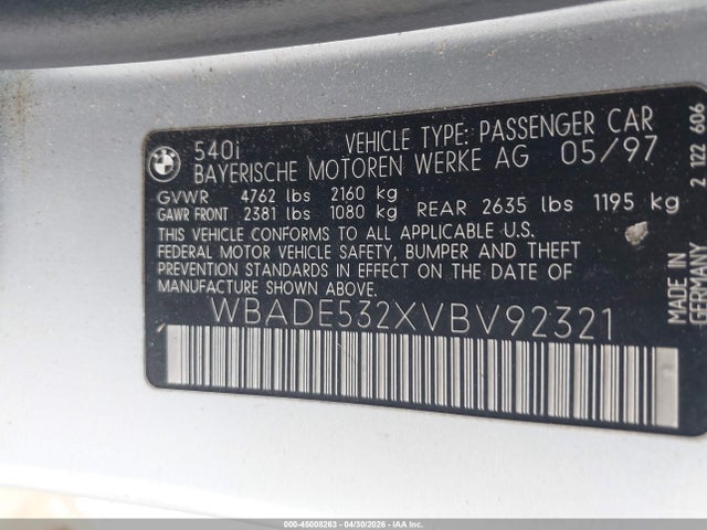Aukcja sprzedaży 1997 Bmw 540i, vin: WBADE532XVBV92321, numer aukcji: 45008263