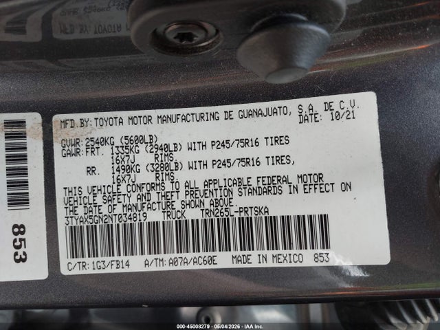 45008279 :رقم المزاد ، 3TYAX5GN2NT034819 vin ، 2022 Toyota Tacoma Sr مزاد بيع