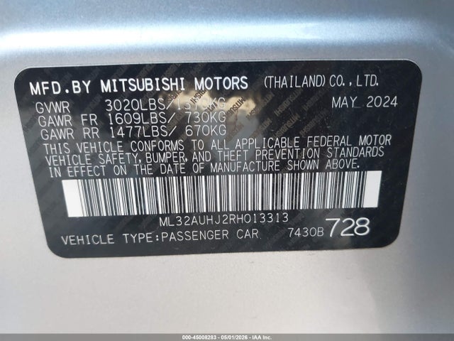 Aukcja sprzedaży 2024 Mitsubishi Mirage Es/le, vin: ML32AUHJ2RH013313, numer aukcji: 45008283