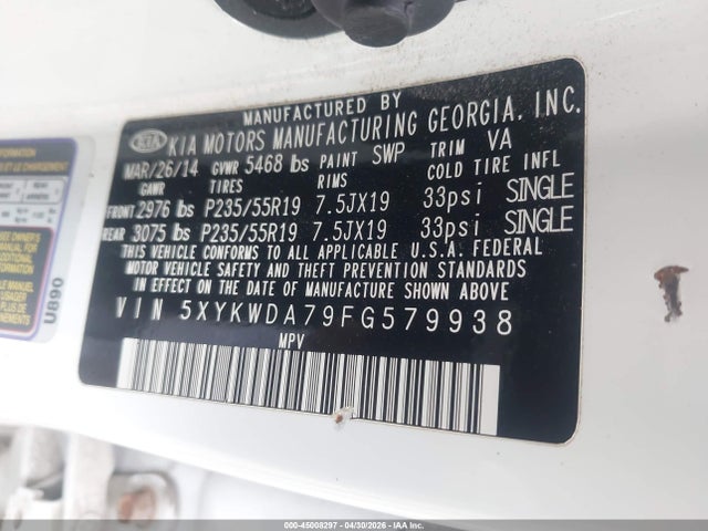 45008297 :رقم المزاد ، 5XYKWDA79FG579938 vin ، 2015 Kia Sorento Limited V6 مزاد بيع