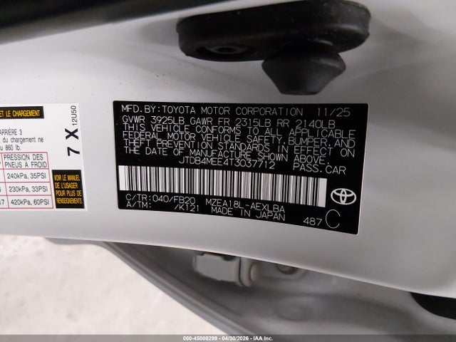 Продажа на аукционе авто 2026 Toyota Corolla Le, vin: JTDB4MEE4T3037712, номер лота: 45008299