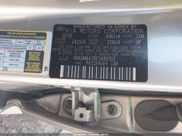 45008303 :رقم المزاد ، KNAGM4A76E5480302 vin ، 2014 Kia Optima Lx مزاد بيع