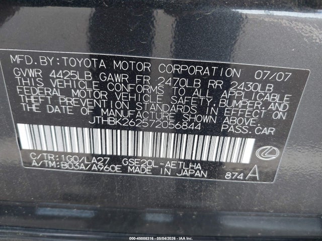 Aukcja sprzedaży 2007 Lexus Is 250, vin: JTHBK262572056844, numer aukcji: 45008316