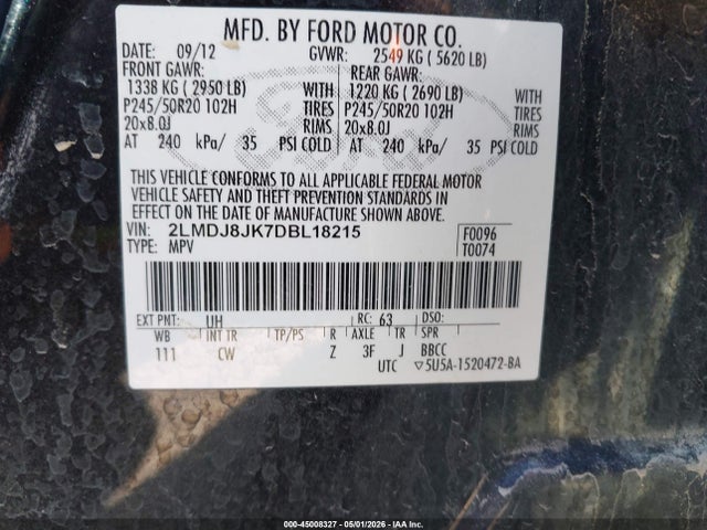 Продаж на аукціоні авто 2013 Lincoln Mkx, vin: 2LMDJ8JK7DBL18215, номер лоту: 45008327