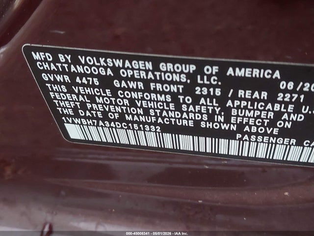 45008341 :رقم المزاد ، 1VWBH7A34DC151332 vin ، 2013 Volkswagen Passat 2.5l Se مزاد بيع