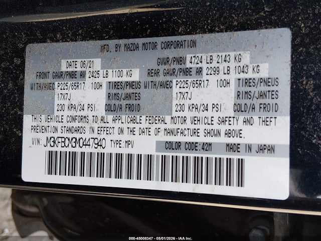 Aukcja sprzedaży 2021 Mazda Cx-5 Touring, vin: JM3KFBCM3M0447940, numer aukcji: 45008347