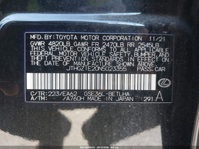 45008352 :رقم المزاد ، JTHGZ1E20N5023355 vin ، 2022 Lexus Is 350 F Sport مزاد بيع