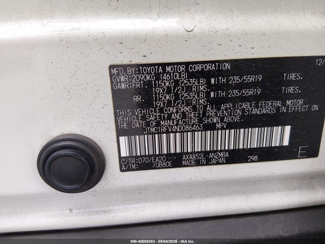 2022 Toyota Rav4 Xle Premium მანქანა იყიდება აუქციონზე, vin: JTMC1RFV4ND086463, აუქციონის ნომერი: 45008353