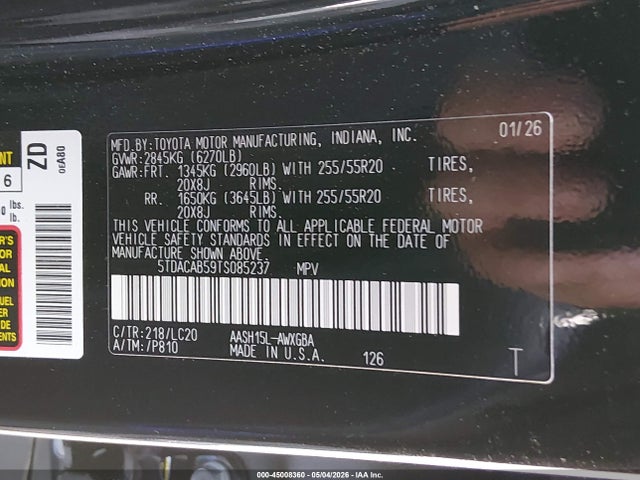 5TDACAB59TS085237 Toyota Grand Highlander Hybrid Limited