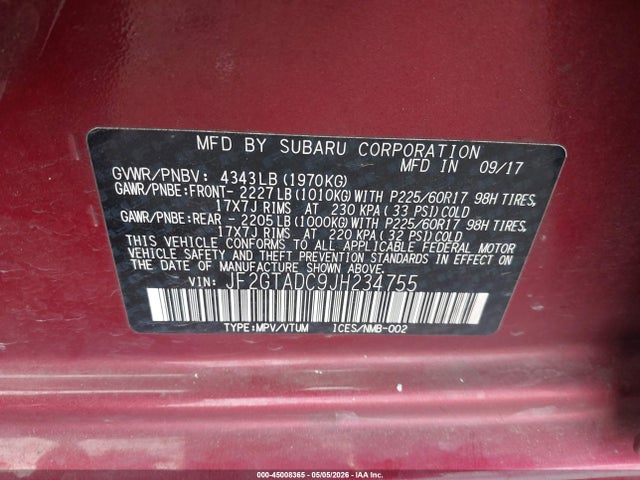 JF2GTADC9JH234755 Subaru Crosstrek 2.0i Premium