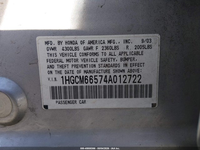 Auction sale of the 2004 Honda Accord 3.0 Ex, vin: 1HGCM66574A012722, lot number: 45008366