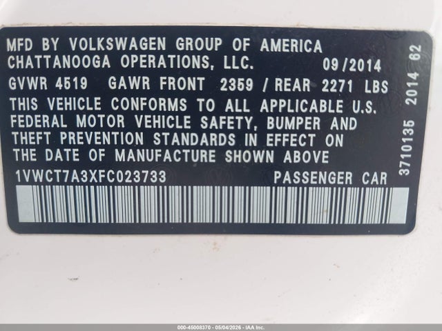 Продаж на аукціоні авто 2015 Volkswagen Passat 1.8t Sel Premium, vin: 1VWCT7A3XFC023733, номер лоту: 45008370