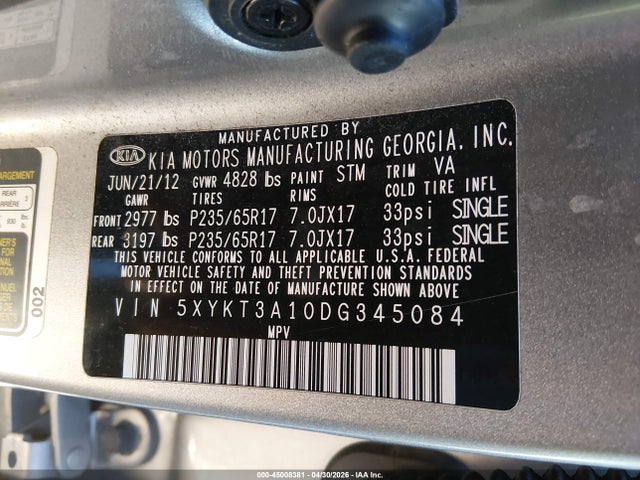 45008381 :رقم المزاد ، 5XYKT3A10DG345084 vin ، 2013 Kia Sorento Lx مزاد بيع