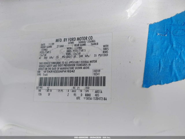 Продажа на аукционе авто 2010 Ford Ranger Sport/xl/xlt, vin: 1FTKR1EE0APA18242, номер лота: 45008395