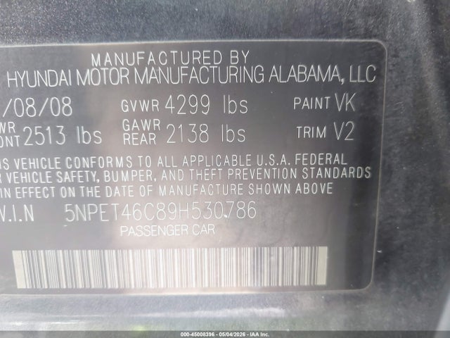 Продажа на аукционе авто 2009 Hyundai Sonata Gls, vin: 5NPET46C89H530786, номер лота: 45008396