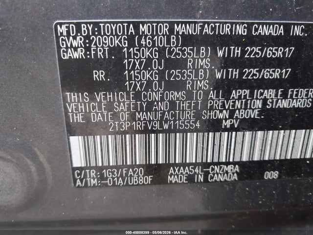 Продаж на аукціоні авто 2020 Toyota Rav4 Xle, vin: 2T3P1RFV9LW115554, номер лоту: 45008399