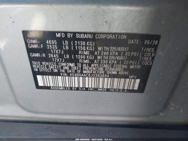 Aukcja sprzedaży 2018 Subaru Outback 2.5i, vin: 4S4BSAAC8J3383604, numer aukcji: 45008405