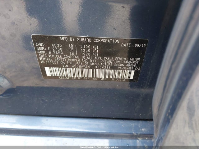 Продаж на аукціоні авто 2020 Subaru Legacy Premium, vin: 4S3BWAE60L3004286, номер лоту: 45008407