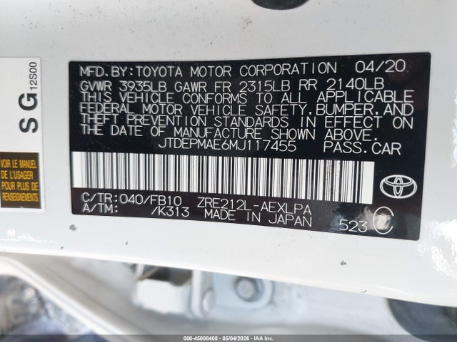45008408 :رقم المزاد ، JTDEPMAE6MJ117455 vin ، 2021 Toyota Corolla Le مزاد بيع