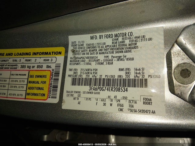 Продажа на аукционе авто 2014 Ford Fusion S, vin: 3FA6P0G74ER208534, номер лота: 45008413