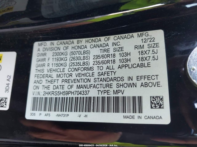 2HKRS5H59PH704337 Honda Cr-v Hybrid Sport