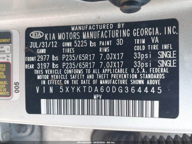 Aukcja sprzedaży 2013 Kia Sorento Lx, vin: 5XYKTDA60DG364445, numer aukcji: 45008429