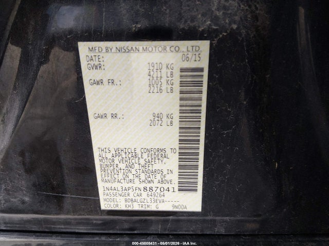 Aukcja sprzedaży 2015 Nissan Altima 2.5/2.5 S/2.5 Sl/2.5 Sv, vin: 1N4AL3AP5FN887041, numer aukcji: 45008431