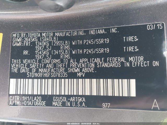 45008435 :رقم المزاد ، 5TDYKRFH6FS078335 vin ، 2015 Toyota Highlander Limited V6 مزاد بيع