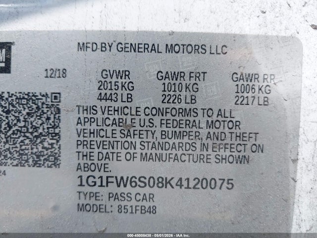 2019 Chevrolet Bolt Ev Lt მანქანა იყიდება აუქციონზე, vin: 1G1FW6S08K4120075, აუქციონის ნომერი: 45008438