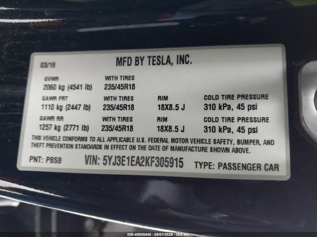 5YJ3E1EA2KF305915 Tesla Model 3 Long Range/mid Range/standard Range/standard Range Plus