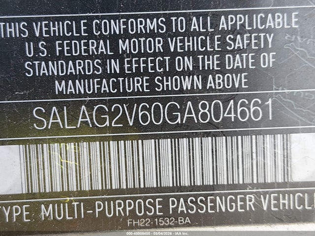 Aukcja sprzedaży 2016 Land Rover Lr4, vin: SALAG2V60GA804661, numer aukcji: 45008450