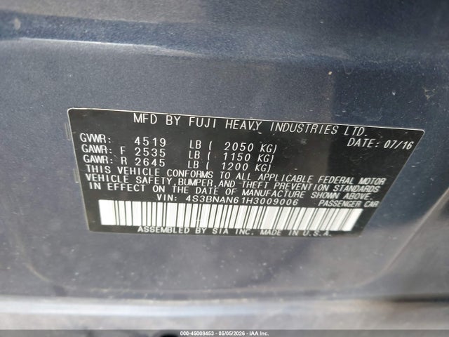 45008453 :رقم المزاد ، 4S3BNAN61H3009006 vin ، 2017 Subaru Legacy 2.5i Limited مزاد بيع