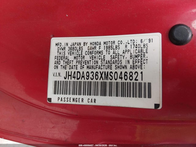 Продаж на аукціоні авто 1991 Acura Integra Gs, vin: JH4DA936XMS046821, номер лоту: 45008457