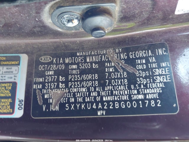 Auction sale of the 2011 Kia Sorento Ex V6, vin: 5XYKU4A22BG001782, lot number: 45008459