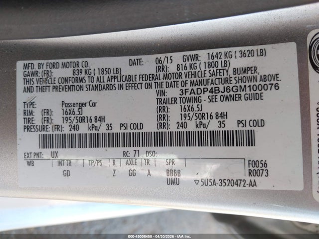 45008458 :رقم المزاد ، 3FADP4BJ6GM100076 vin ، 2016 Ford Fiesta Se مزاد بيع