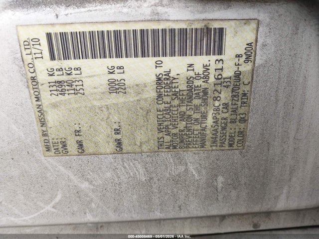 2011 Nissan Maxima 3.5 Sv მანქანა იყიდება აუქციონზე, vin: 1N4AA5AP3BC821613, აუქციონის ნომერი: 45008469
