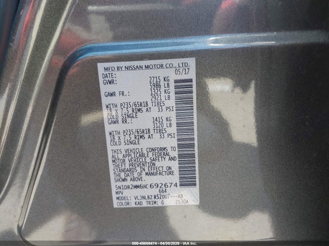 Aukcja sprzedaży 2017 Nissan Pathfinder S, vin: 5N1DR2MM6HC692674, numer aukcji: 45008474
