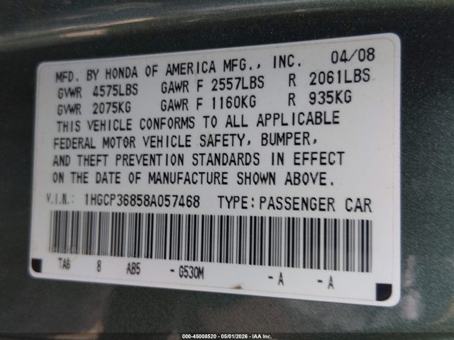 45008520 :رقم المزاد ، 1HGCP36858A057468 vin ، 2008 Honda Accord 3.5 Ex-l مزاد بيع