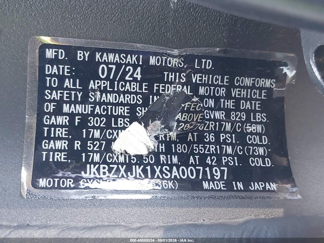 2025 Kawasaki Zx636 K მანქანა იყიდება აუქციონზე, vin: JKBZXJK1XSA007197, აუქციონის ნომერი: 45008524