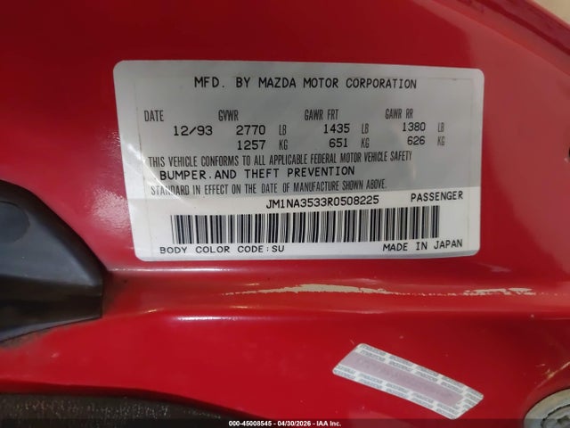 45008545 :رقم المزاد ، JM1NA3533R0508225 vin ، 1994 Mazda Mx-5 Miata مزاد بيع