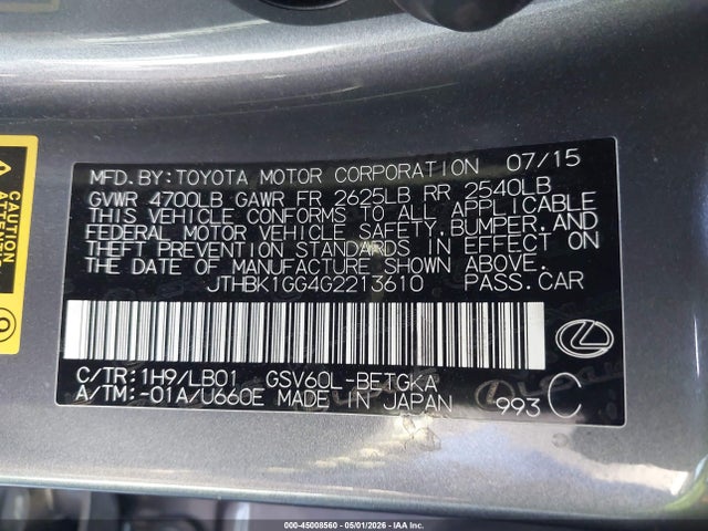 Продаж на аукціоні авто 2016 Lexus Es 350, vin: JTHBK1GG4G2213610, номер лоту: 45008560