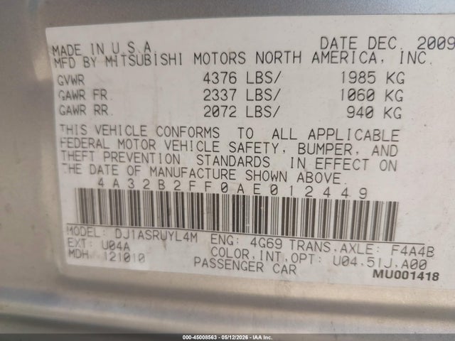 Продаж на аукціоні авто 2010 Mitsubishi Galant Fe, vin: 4A32B2FF0AE012449, номер лоту: 45008563