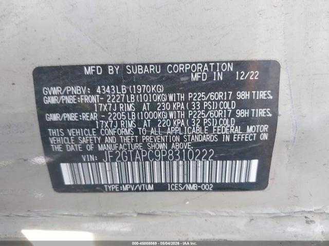 Aukcja sprzedaży 2023 Subaru Crosstrek Premium, vin: JF2GTAPC9P8310222, numer aukcji: 45008569