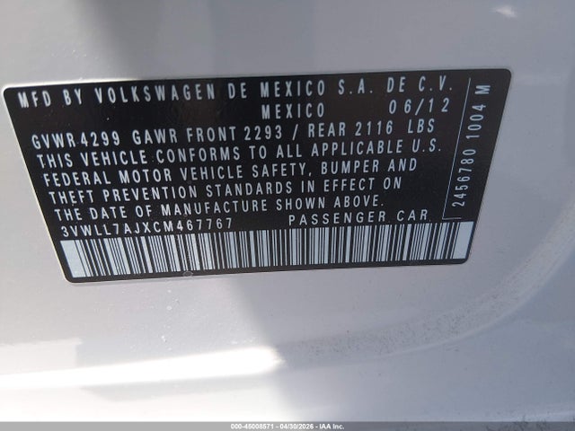 45008571 :رقم المزاد ، 3VWLL7AJXCM467767 vin ، 2012 Volkswagen Jetta 2.0l Tdi مزاد بيع