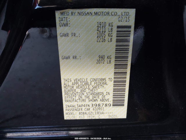 1N4AL3AP4FN398789 Nissan Altima 2.5/2.5 S/2.5 Sl/2.5 Sv