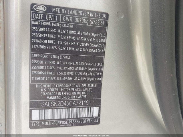 Aukcja sprzedaży 2012 Land Rover Range Rover Sport Hse, vin: SALSK2D45CA721191, numer aukcji: 45008587