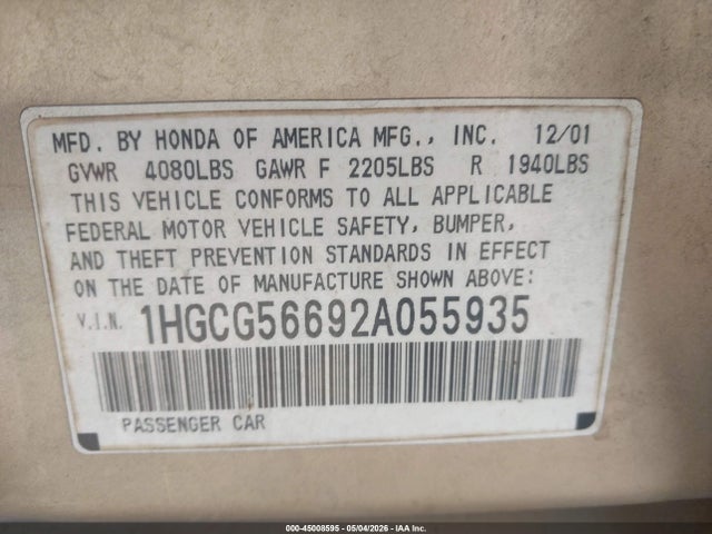 45008595 :رقم المزاد ، 1HGCG56692A055935 vin ، 2002 Honda Accord 2.3 Ex مزاد بيع