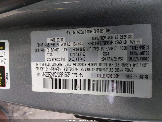 45008600 :رقم المزاد ، JM3ER2WM2A0331575 vin ، 2010 Mazda Cx-7 I Sport مزاد بيع